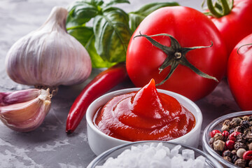 Fresh natural tomato ketchup on stone background
