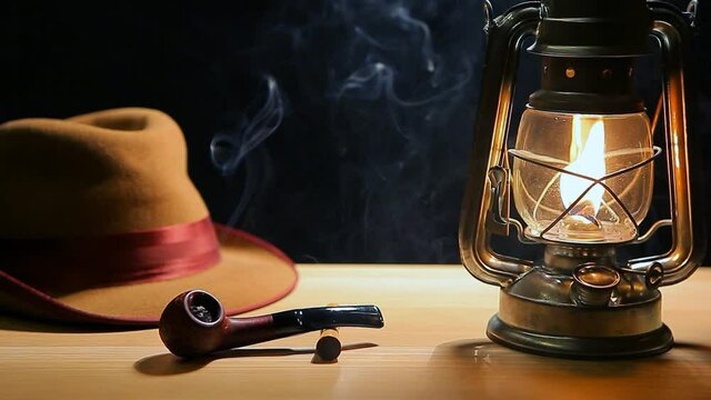 footage of smoking pipe hat lamp