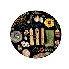 Set of watercolor design elements with elements of gardening, agriculture. Isolated image. Suitable for postcards, book illustrations, prints, crafting, posters.