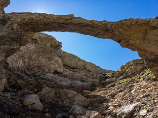 Panoramic view of the rocky arch of Greina, Switzerland.