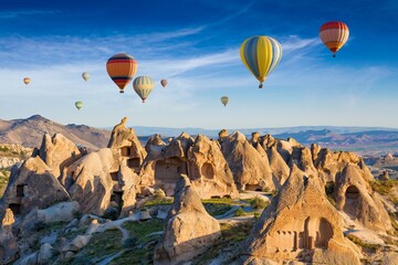 Colorful hot air balloons fly in blue sky over amazing rocky valley in Cappadocia, Turkey. - obrazy, fototapety, plakaty
