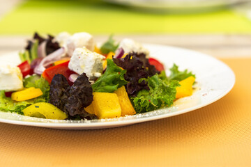Greek salad on a white plate in a summer cafe. Vegetarian dish. Olives, purple onions and feta cheese. Light snack in a cafe. Summer menu. Natural light.