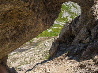 Panoramic view of the rocky arch of Greina, Switzerland.