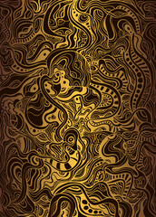 Vintage background with many ornaments and intricate patterns, steampunk doodle style, golden gradient color outline, isolated on black background.