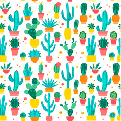 Cacti seamless pattern set. Hand drawn doodle. Hand drawn doodle patterns of different shape cactus botany collection on white background. Dessert house botanical water absorbing plants illustration.