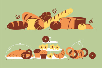 Bakery doodle set. Hand drawn white bread loaves pastry cookies toasts buns croissants donuts meal unhealthy nutrition food. Baked wheat agricultural products illustration.