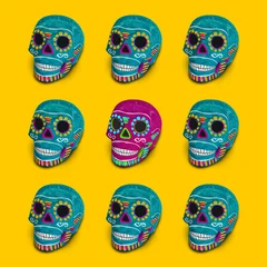 Rolgordijnen Schedel Kleurrijke Mexicaanse schedels op een gele achtergrond