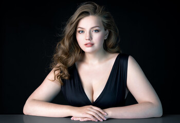 Fototapeta premium Young beautiful woman with natural makeup on black background. Beauty & Skin care concept. Plus size model.