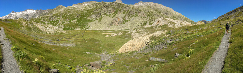 Panoramic view of the Alpine Greina Pass, Switzerland.
