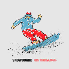 Snowboarder fast riding and snow flash effect under his board. Vector outline of snowboarding with scribble doodles style drawing.