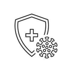 Immune flu germ line icon. Virus protection symbol vector isolated on white. Shield and virus linear illustration. Antibacterial protection concept.
