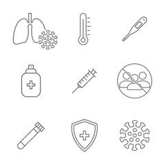 Coronavirus protection line set icons. Stop virus concept isolated on white. Protection medical elements from virus, air pollution, flu, dust illustration isolated on white.