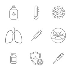Coronavirus protection line set icons. Stop virus concept isolated on white. Protection medical elements from virus, air pollution, flu, dust illustration isolated on white.
