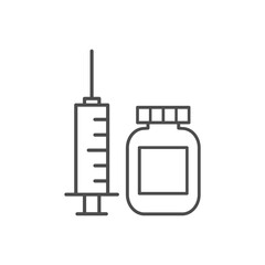 Fototapeta premium Syringe and vaccine bottle line icon vector illustration isolated on the white background. Disease, flu, contaminated air, world pollution, pandemic concept set. Vaccination concept. Injection sign.