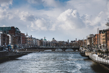 River Liffey view from the popular Ha ' penny Bridge conveys business, housing and financial...