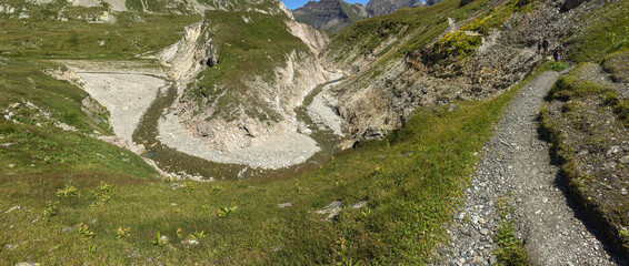 Panoramic view of the Alpine Greina Pass, Switzerland.