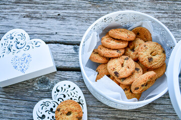  Chocolate crispy butter  italian  cookies an lavender  in romantic box on wooden background