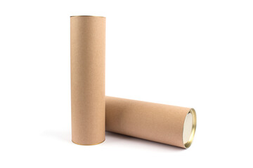 Two biodegradable recyclable paper tube with metal plug end, made of kraft paper or cardboard. Isolated on white, mockup. Eco packaging or sustainable production concept