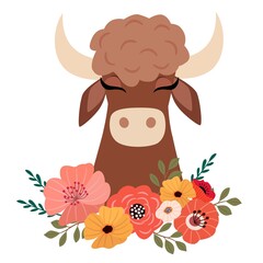 Vector illustration of cute cartoon bull with flowers. Stylish drawing for birthday cards, party invitations, poster and postcard.