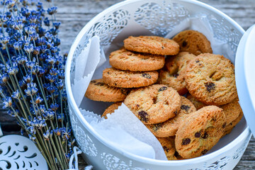  Chocolate crispy butter  italian  cookies an lavender  in romantic box on wooden background