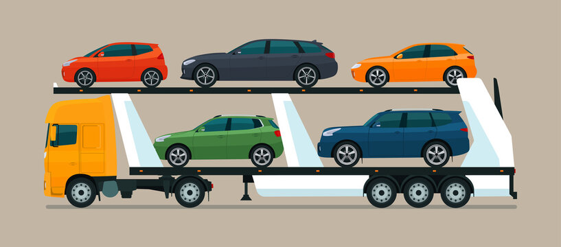 Car carrier loaded with various cars. Vector illustration.