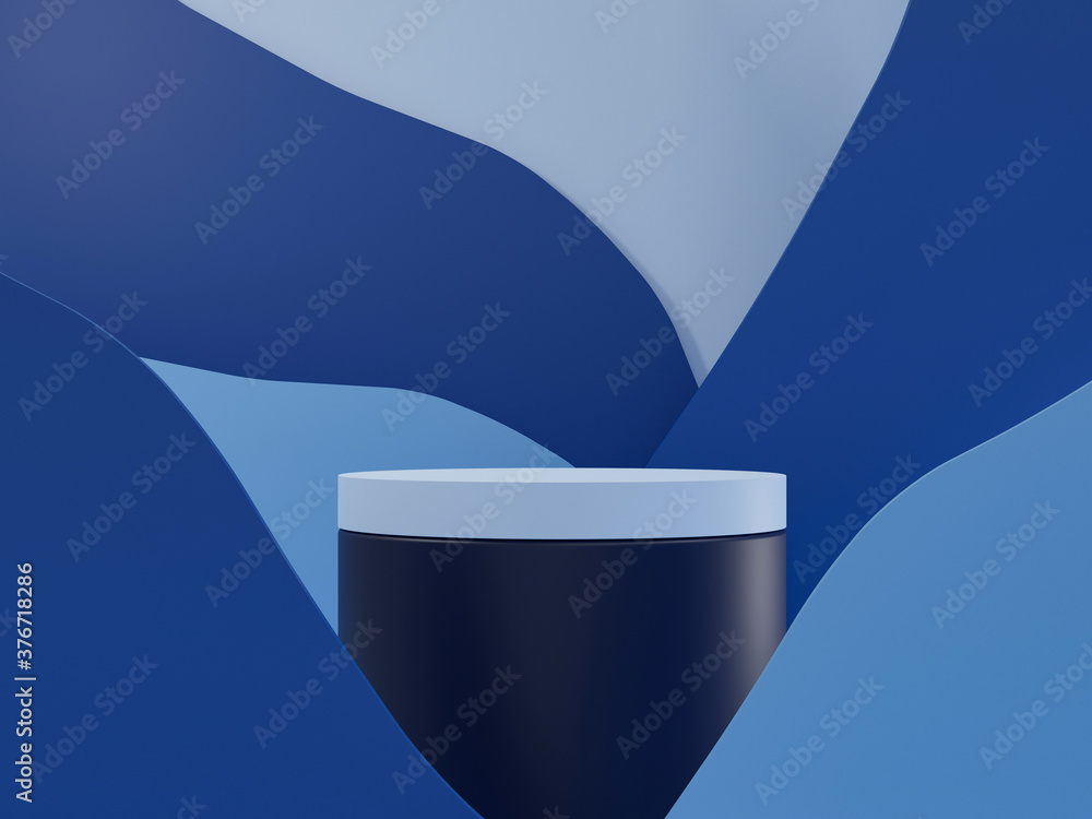 Poster 3d rendering empty blue cylinder podium with geometric shape.