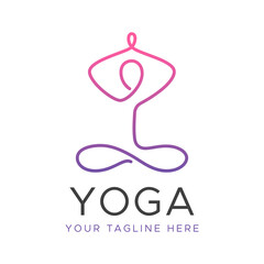 Yoga logo with linear human in lotus position. Design for health care, beauty, spa, yoga center, studio, spa, sport, gym. 