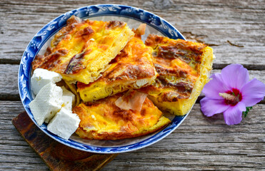 Bakery. Home made cheese pie with phyllo pastry and organic eggs. Bulgarian banitsa