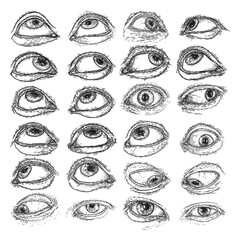 Set of human eyes for design of all seeing eye symbols variations. Alchemy, religion spirituality and occultism tattoo ink art collection. Vision of providence and third eye. Hand drawn vector.
