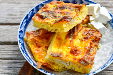 Bakery. Home made cheese pie with phyllo pastry and organic eggs. Bulgarian banitsa