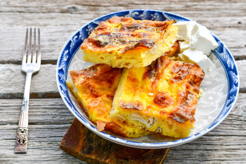 Bakery. Home made cheese pie with phyllo pastry and organic eggs. Bulgarian banitsa