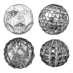 Set of decorative balls in hand drawn style. Abstract magic balls or mysterious orbs with holes, 3d printing sphere crystal. Vector.