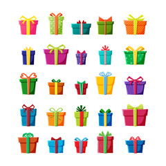 Big vector set of gift boxes icons in color for New Year, Christmas or celebration party events.