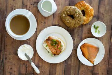 Smoked Salmon and Cream Cheese Bagel with Coffee and Orange Juice