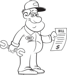 Black and white illustration of an auto mechanic holding a large bill.