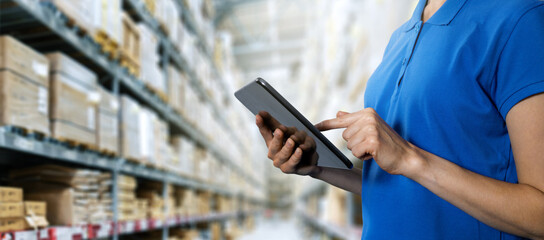 logistics service, warehouse management and inventory concept - female worker using digital tablet...