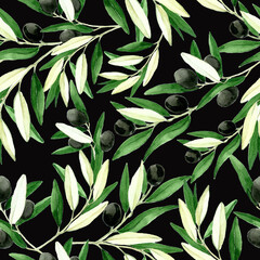 seamless pattern with watercolor olives on a dark background. leaves, branches and fruits of olive on a black background. design for wallpaper, textile, print
