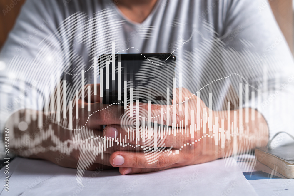 Poster man using phone. hands typing smartphone. double exposure with forex graph hologram. close up. finan