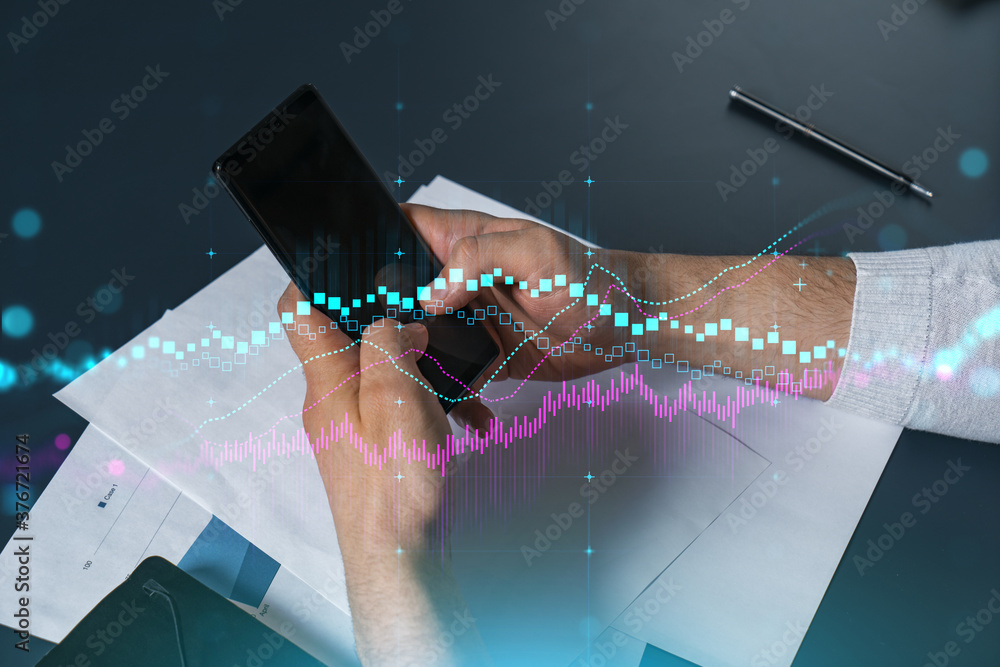 Poster man using phone. hands typing smartphone. double exposure with forex graph hologram. close up. finan