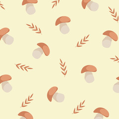 Vector seamless pattern with autumn cartoon leaves and mushrooms