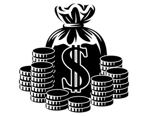 Black bag and coins. Dollar. Monochrome vector illustration