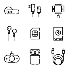 Fototapeta premium Smartphone accessories icon set. Cell phone accessories,tripod, bluetooth headsets, cases, chargers. Vector illustration isolated.