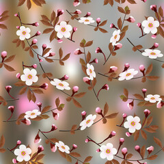 Flowering branches of cherry blossoms on an abstract colored background. Sakura seamless floral texture