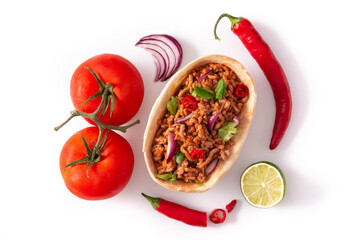 Mexican barquita taco with beef, chilli, tomato, onion and spices isolated on white background	