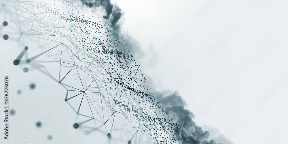 Poster Big data, cryptography programming 3D illustration. Neural network, cloud technologies. Global database, artificial intelligence. Bright, black and white background with bokeh effect