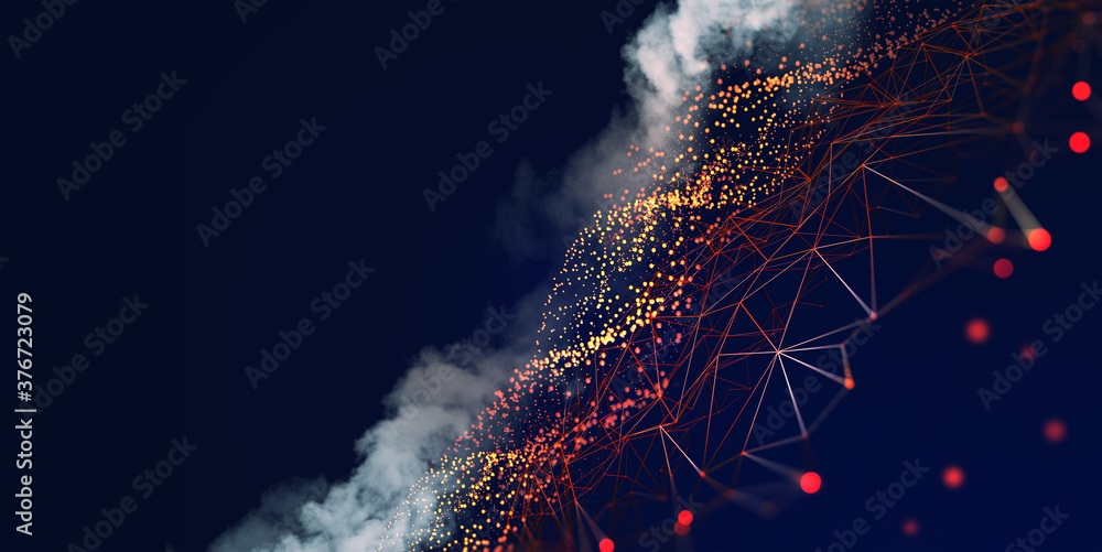 Poster Global network. Blockchain 3D illustration. Neural networks and artificial intelligence. Concept of cyberspace. Abstract technological background with polygon mesh