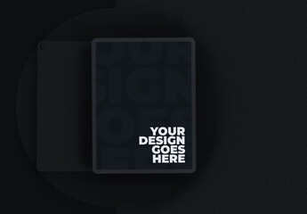 Vertical Dark Tablet Mockup with Front and Back Views and Dark Background