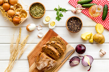 Food background. Dinner table with fresh homemade food. Top view