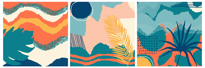 Set von Konzeptplakaten mit geometrischen Elementen auf pastellfarbenem Hintergrund. Abstraktion nordischer Farbdruck. Bunte Collage. Abstrakte zeitgenössische moderne trendige Vektorillustration © natikka