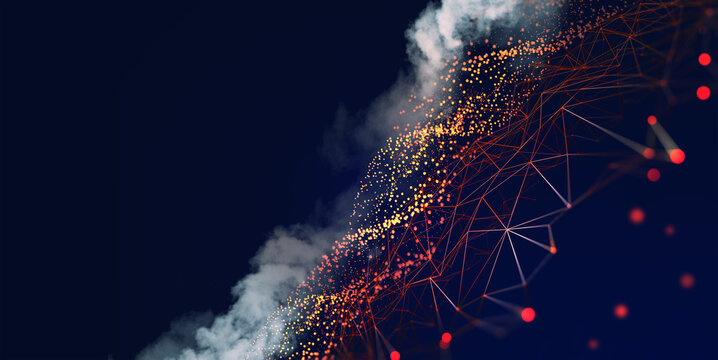 Global network. Blockchain 3D illustration. Neural networks and artificial intelligence. Concept of cyberspace. Abstract technological background with polygon mesh